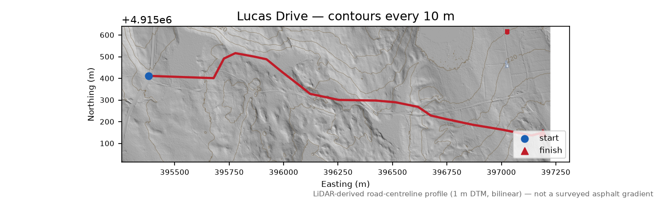 Lucas Drive LiDAR hillshade map with contours