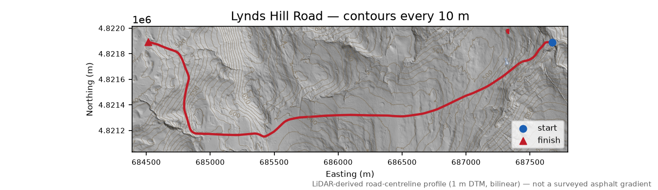 Lynds Hill Road LiDAR hillshade map with contours