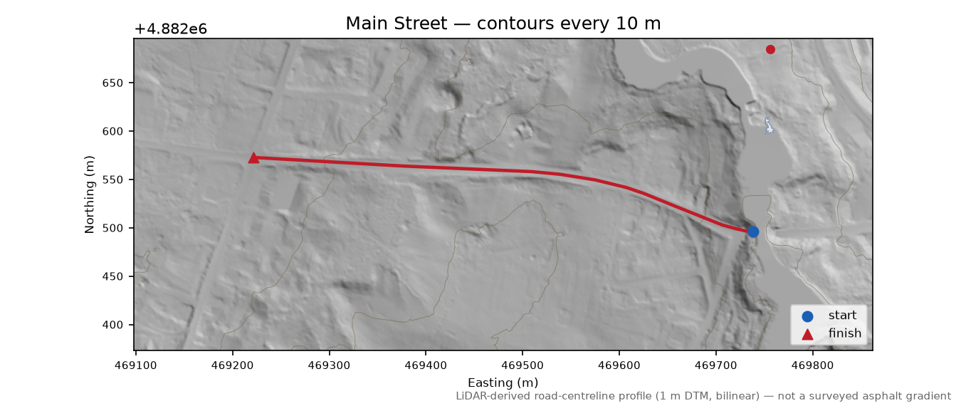 Main Street LiDAR hillshade map with contours