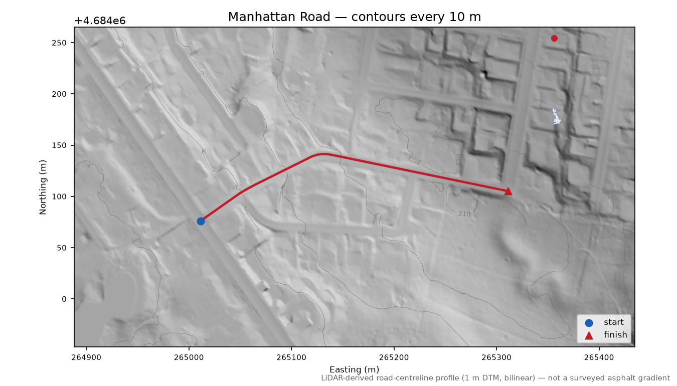 Manhattan Road LiDAR hillshade map with contours