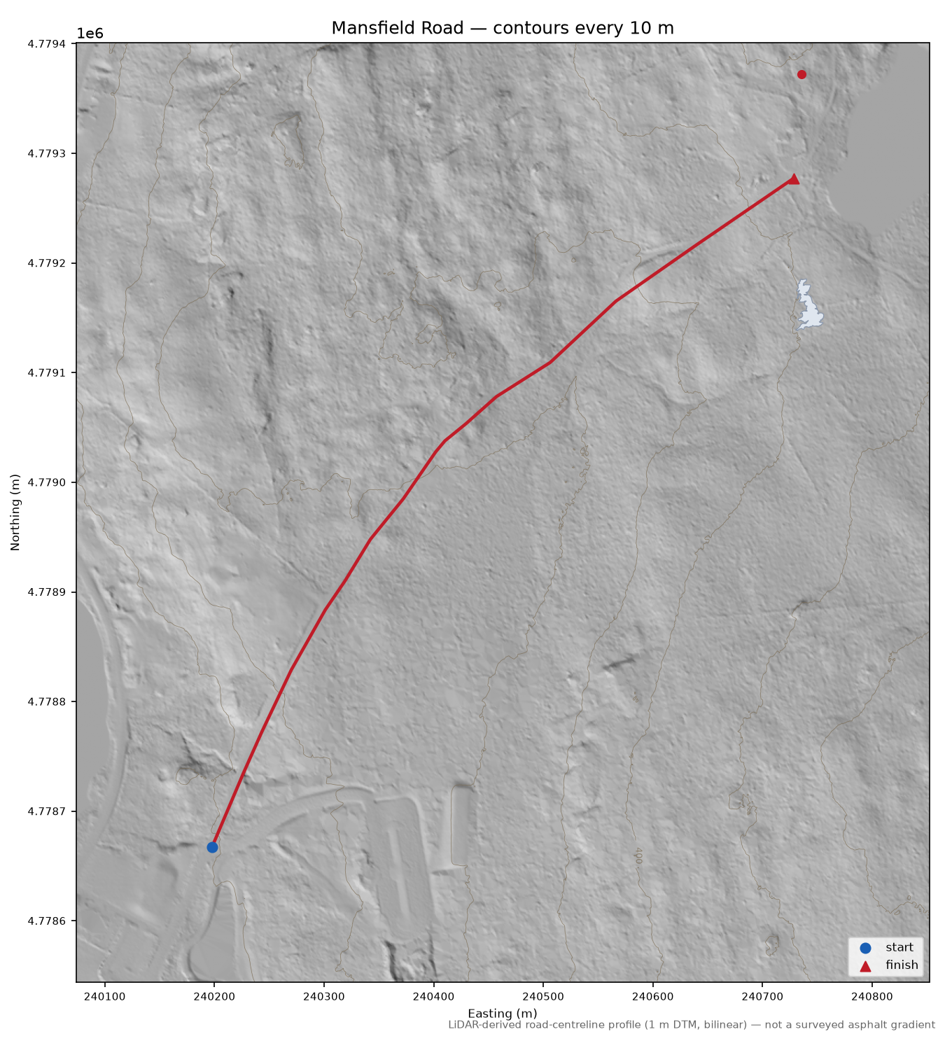 Mansfield Road LiDAR hillshade map with contours