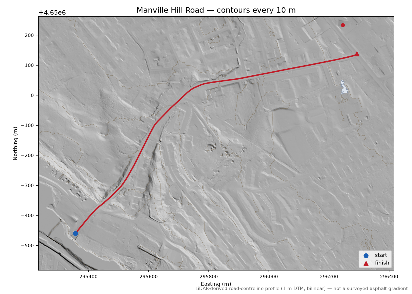 Manville Hill Road LiDAR hillshade map with contours