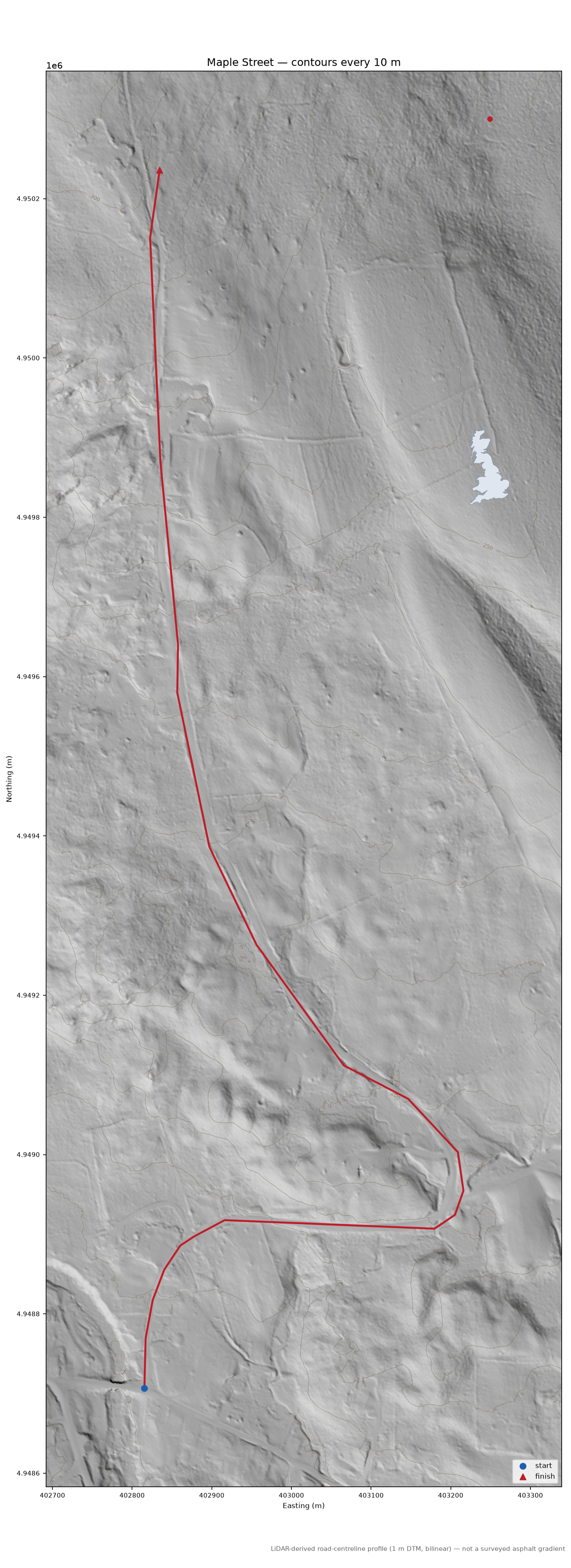 Maple Street LiDAR hillshade map with contours