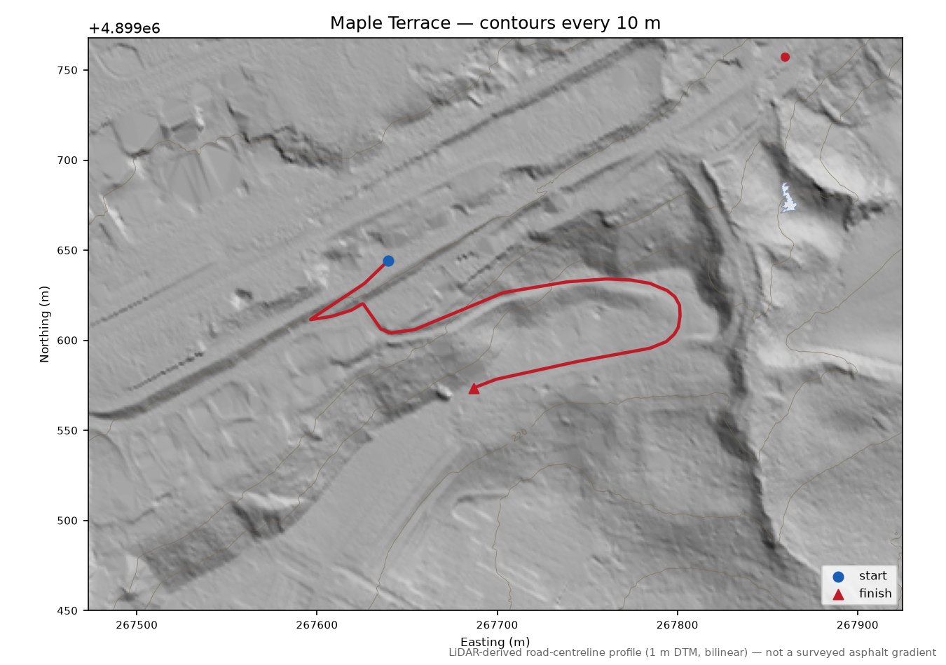 Maple Terrace LiDAR hillshade map with contours