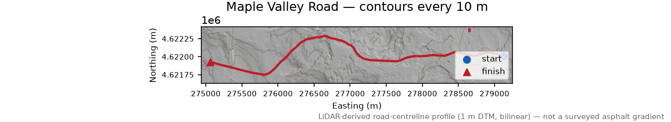 Maple Valley Road LiDAR hillshade map with contours