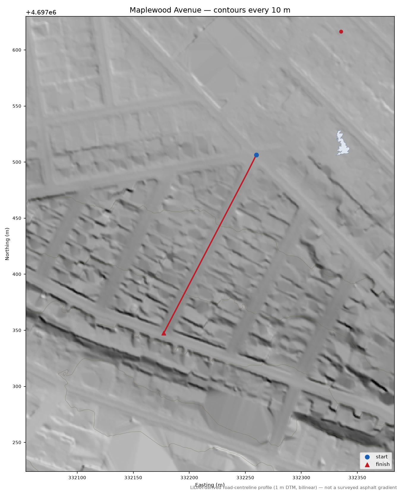 Maplewood Avenue LiDAR hillshade map with contours