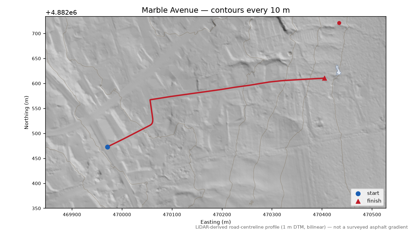 Marble Avenue LiDAR hillshade map with contours
