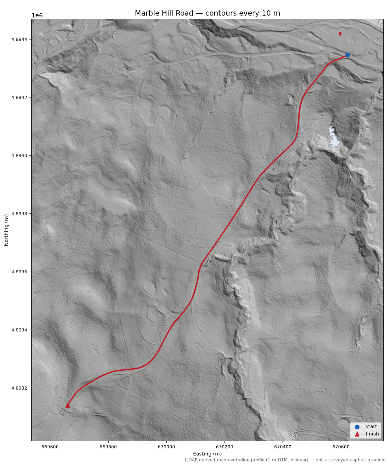 Marble Hill Road LiDAR hillshade map with contours