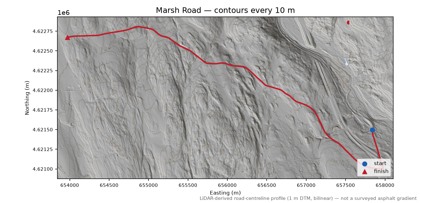 Marsh Road LiDAR hillshade map with contours