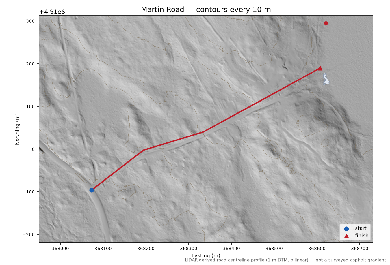 Martin Road LiDAR hillshade map with contours