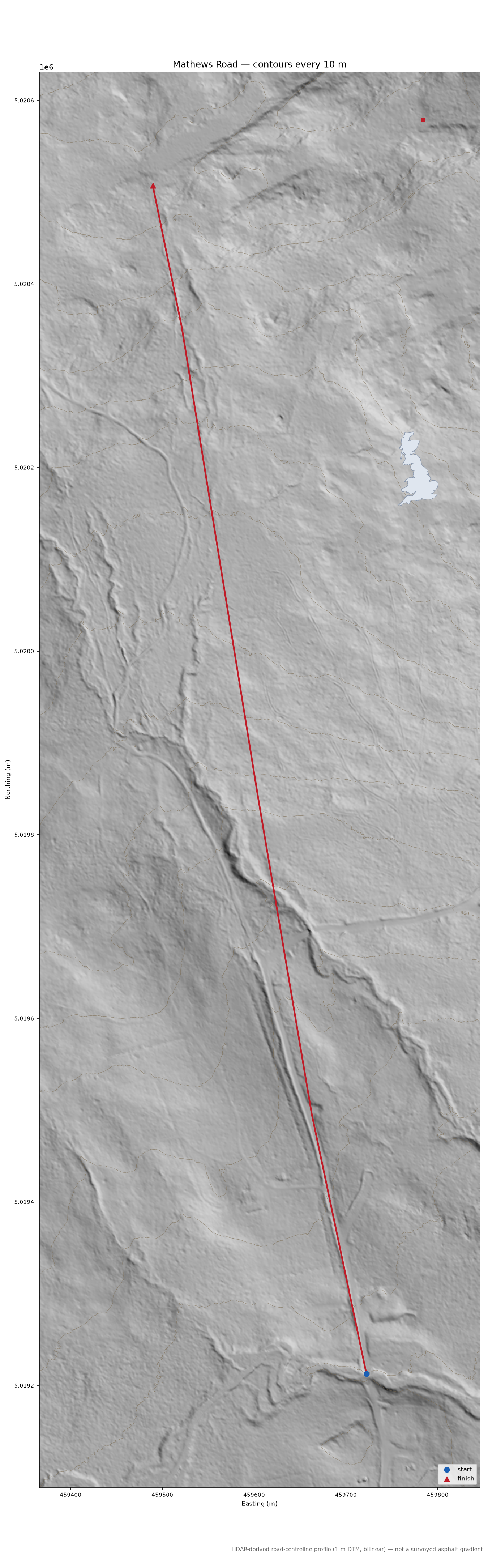 Mathews Road LiDAR hillshade map with contours