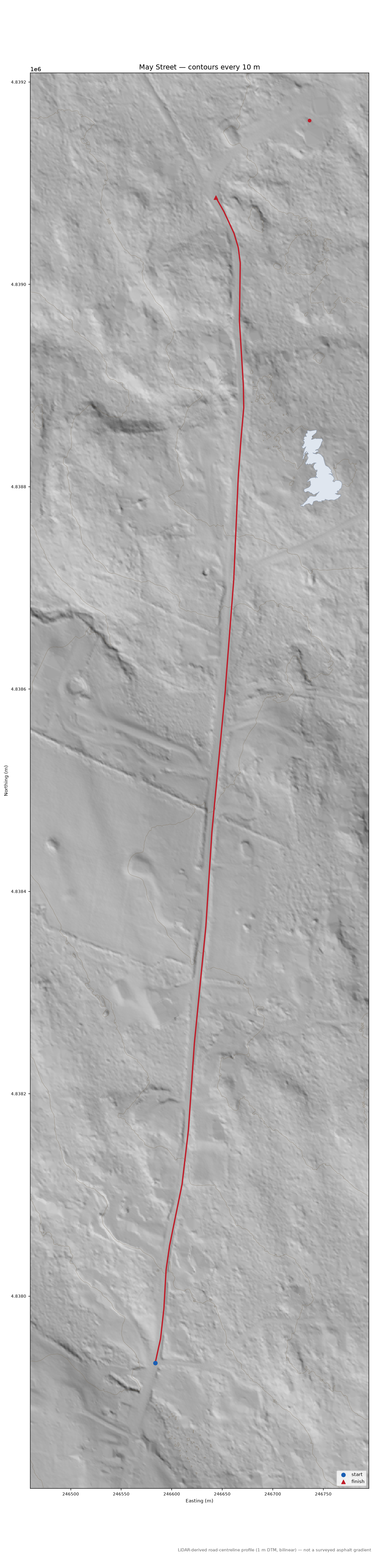 May Street LiDAR hillshade map with contours