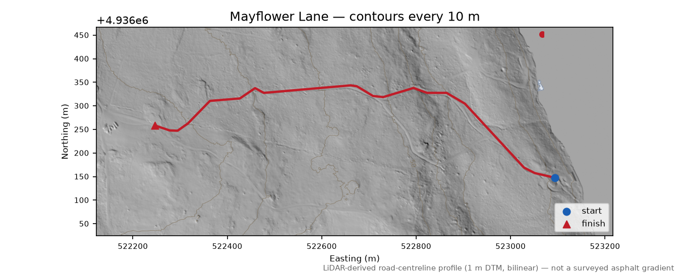 Mayflower Lane LiDAR hillshade map with contours