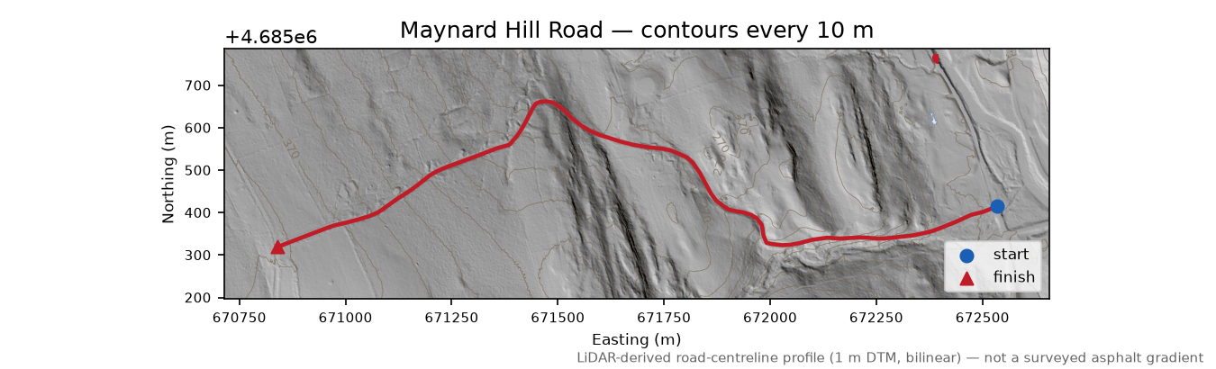 Maynard Hill Road LiDAR hillshade map with contours