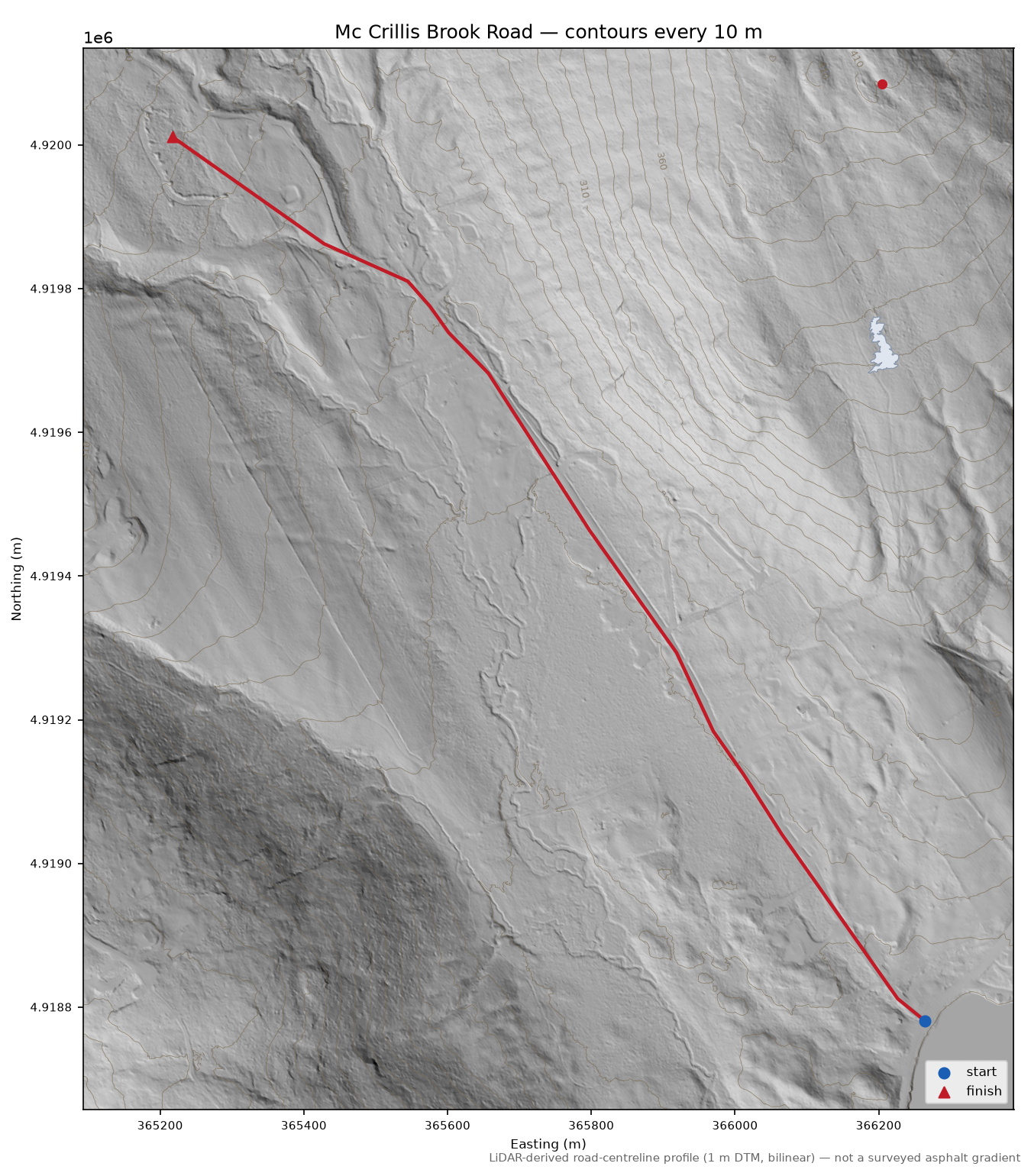 Mc Crillis Brook Road LiDAR hillshade map with contours