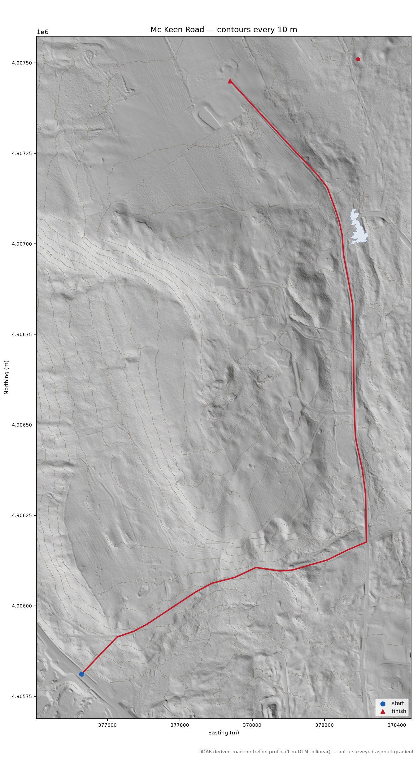 Mc Keen Road LiDAR hillshade map with contours