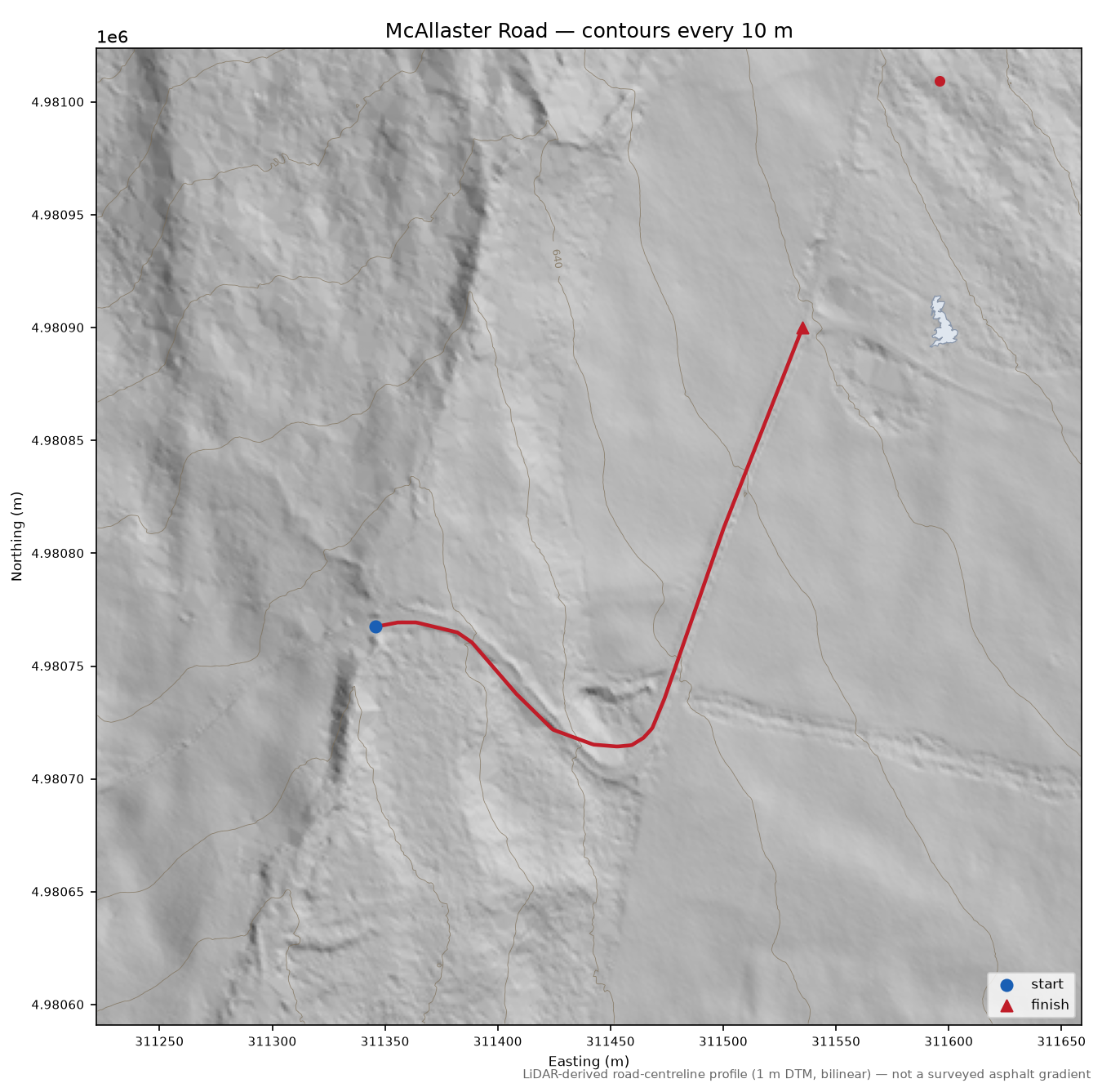 McAllaster Road LiDAR hillshade map with contours