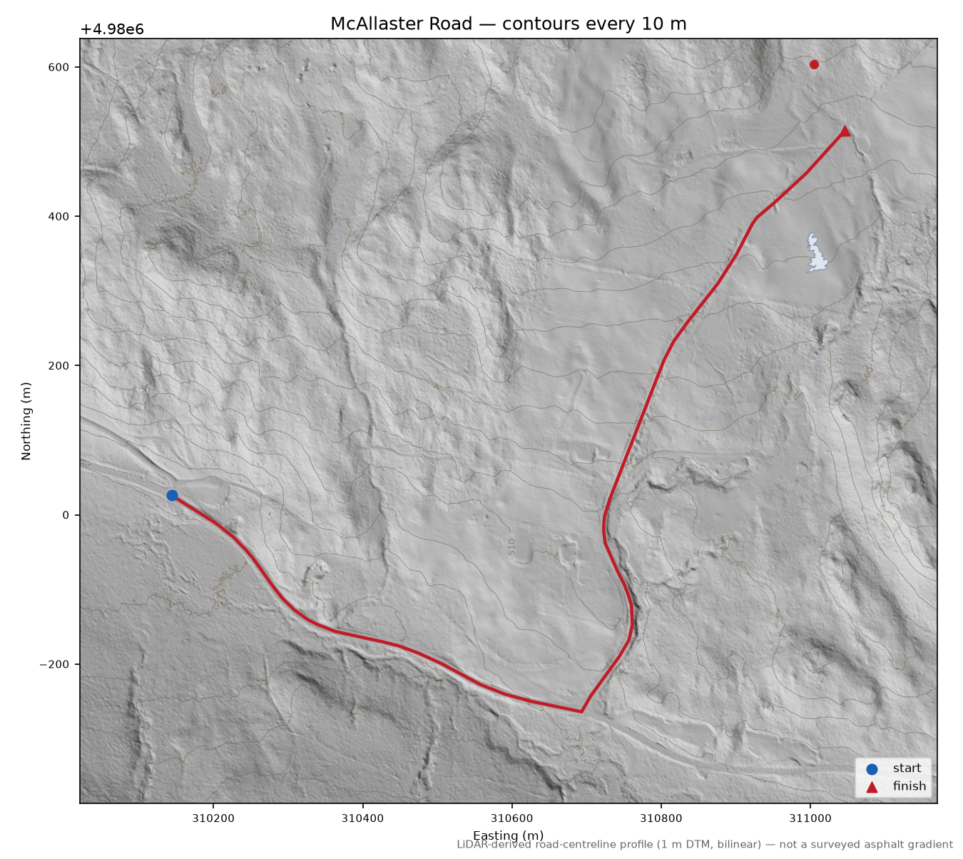 McAllaster Road LiDAR hillshade map with contours