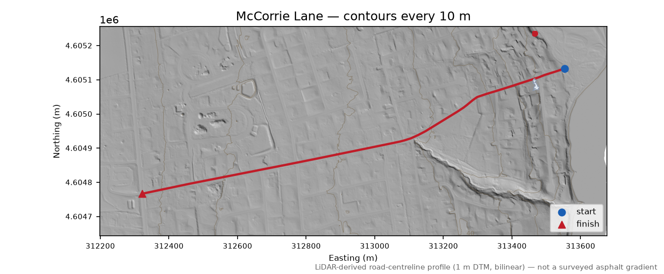 McCorrie Lane LiDAR hillshade map with contours