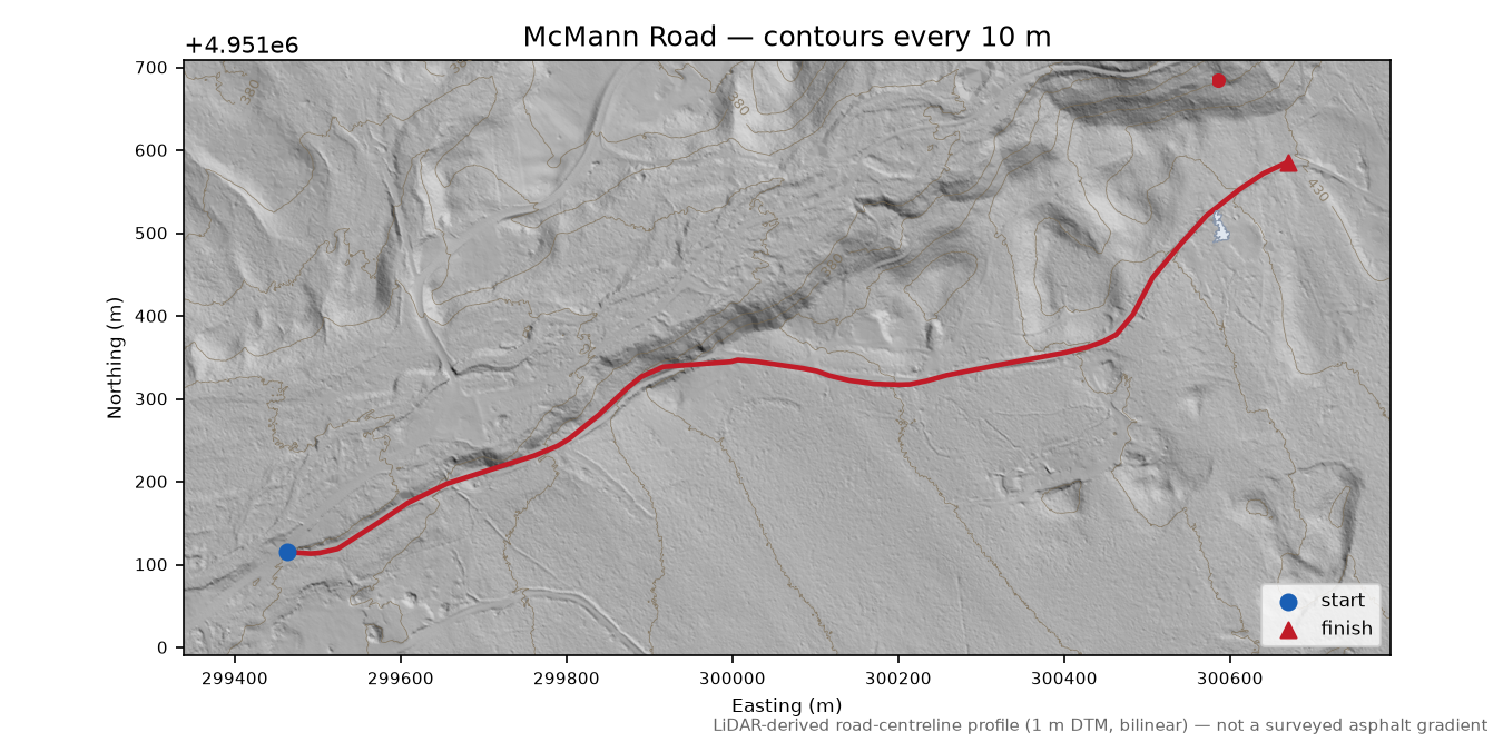 McMann Road LiDAR hillshade map with contours