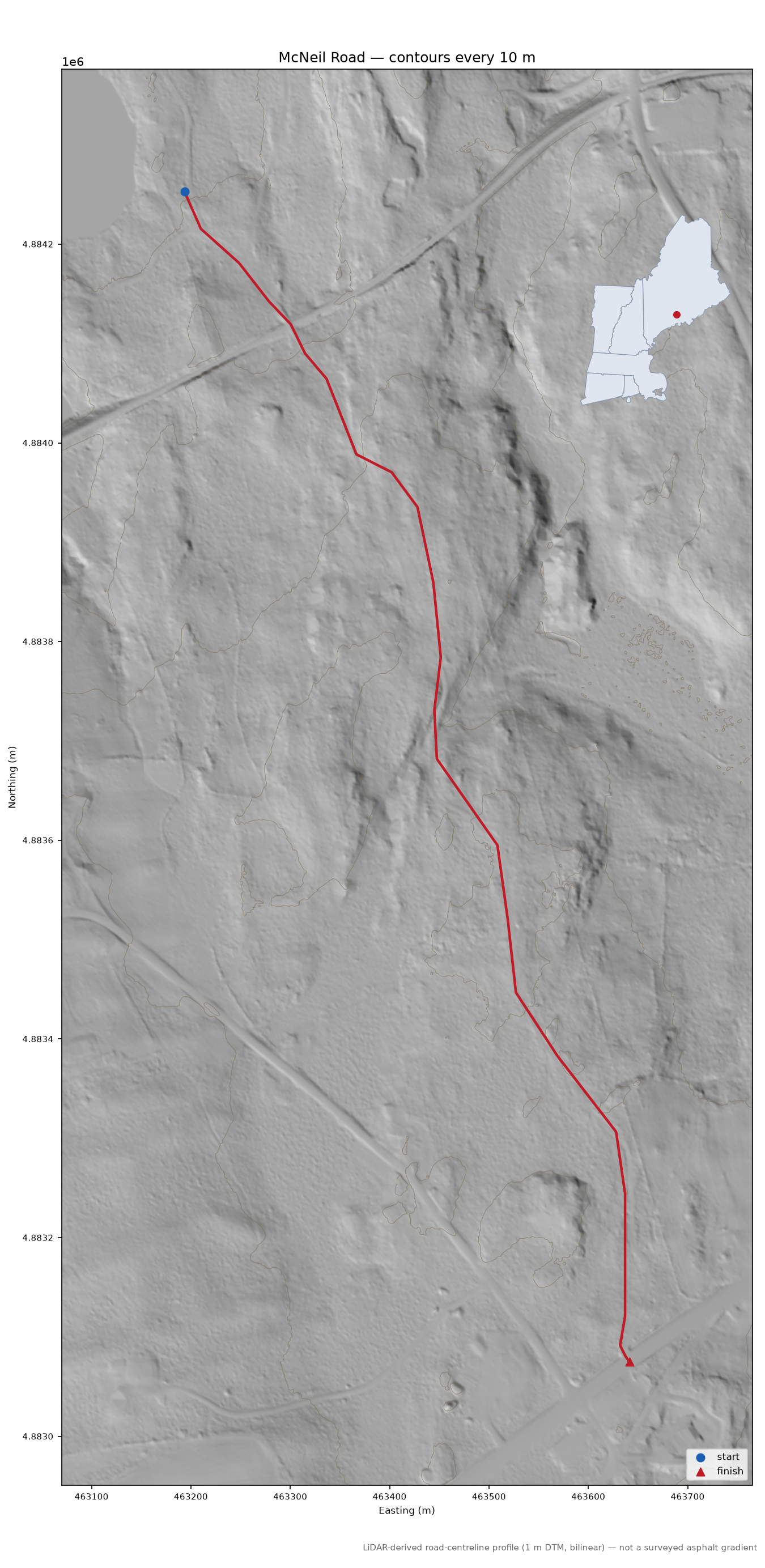 McNeil Road LiDAR hillshade map with contours