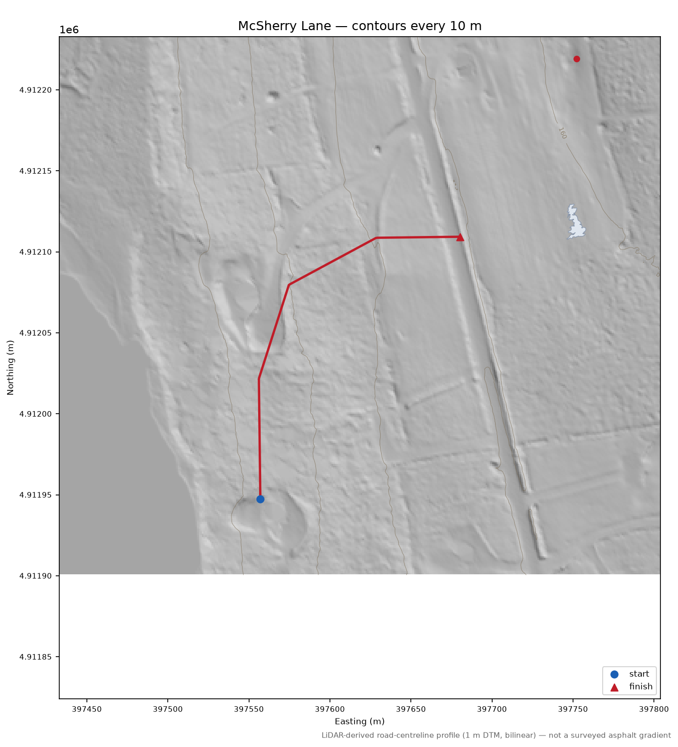 McSherry Lane LiDAR hillshade map with contours