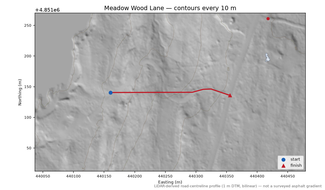 Meadow Wood Lane LiDAR hillshade map with contours