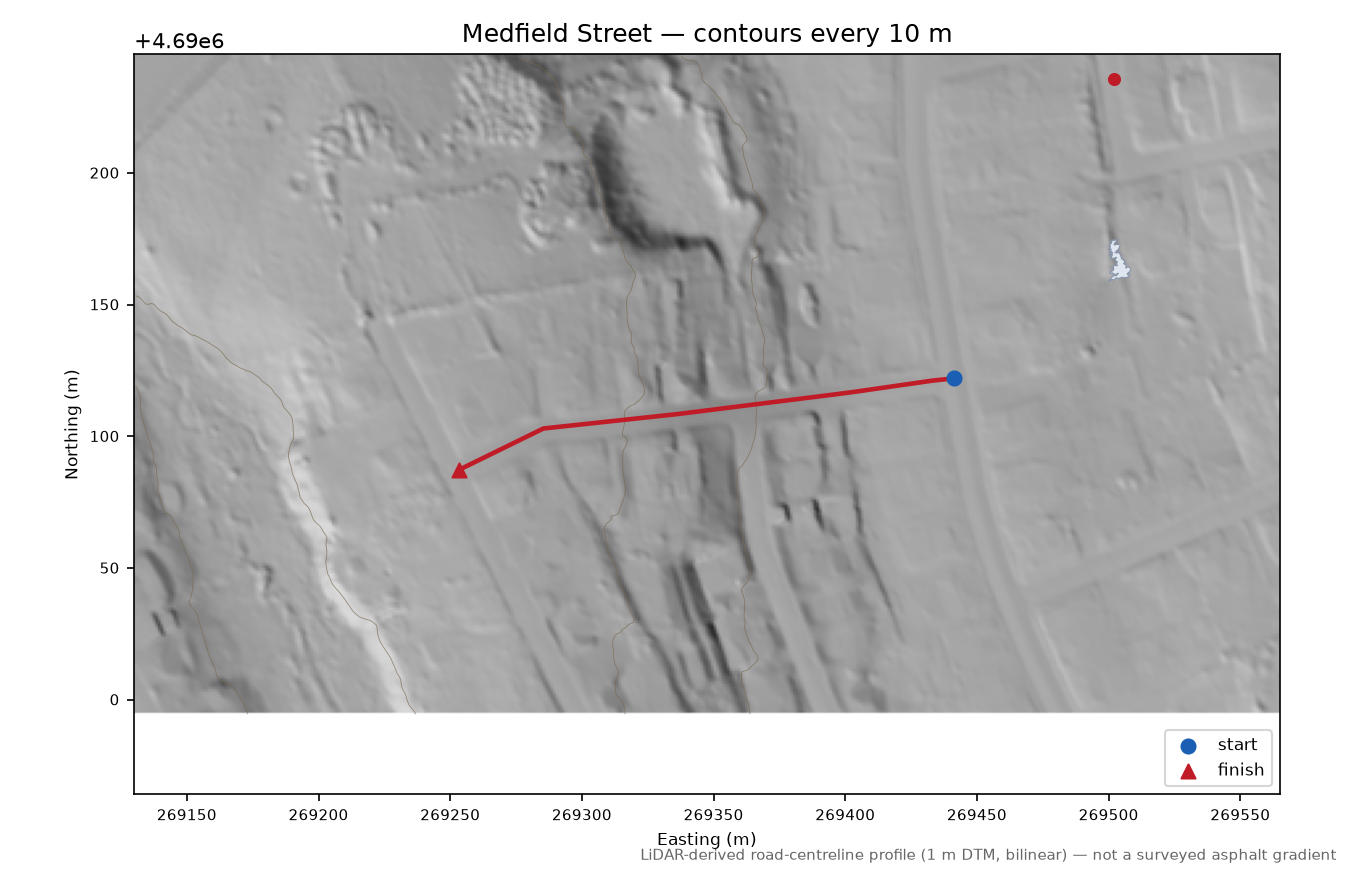 Medfield Street LiDAR hillshade map with contours