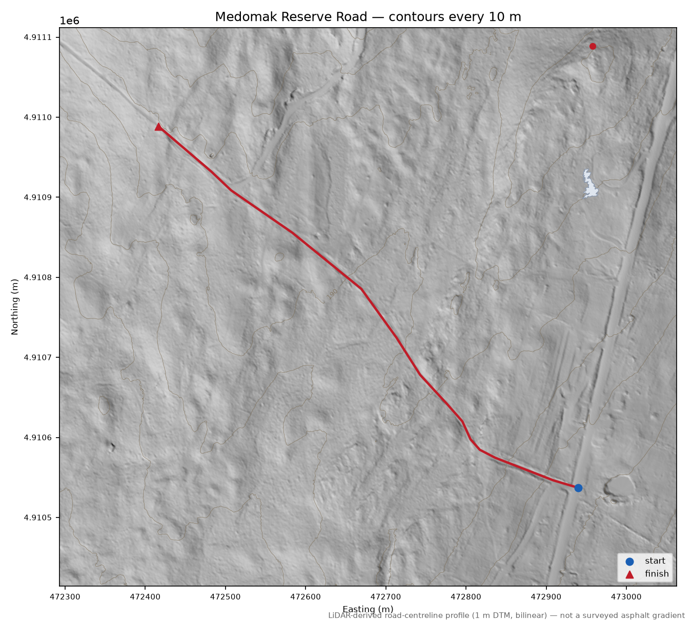 Medomak Reserve Road LiDAR hillshade map with contours