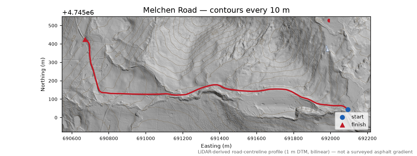 Melchen Road LiDAR hillshade map with contours