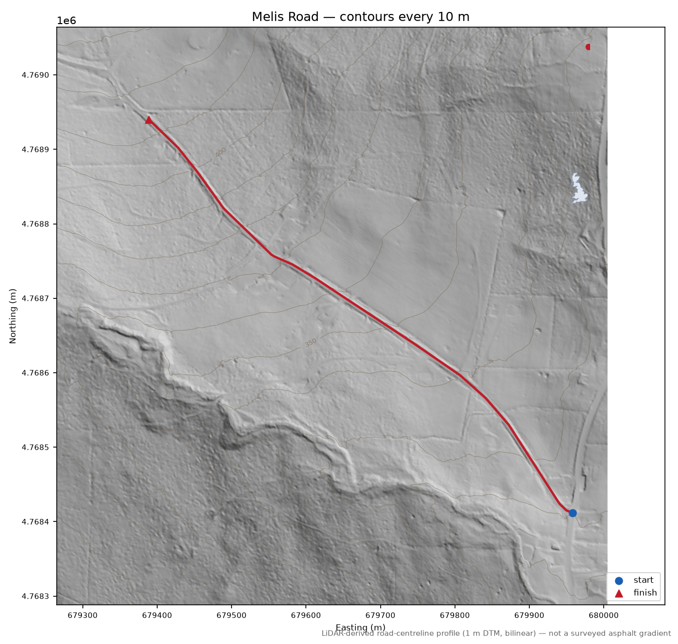 Melis Road LiDAR hillshade map with contours