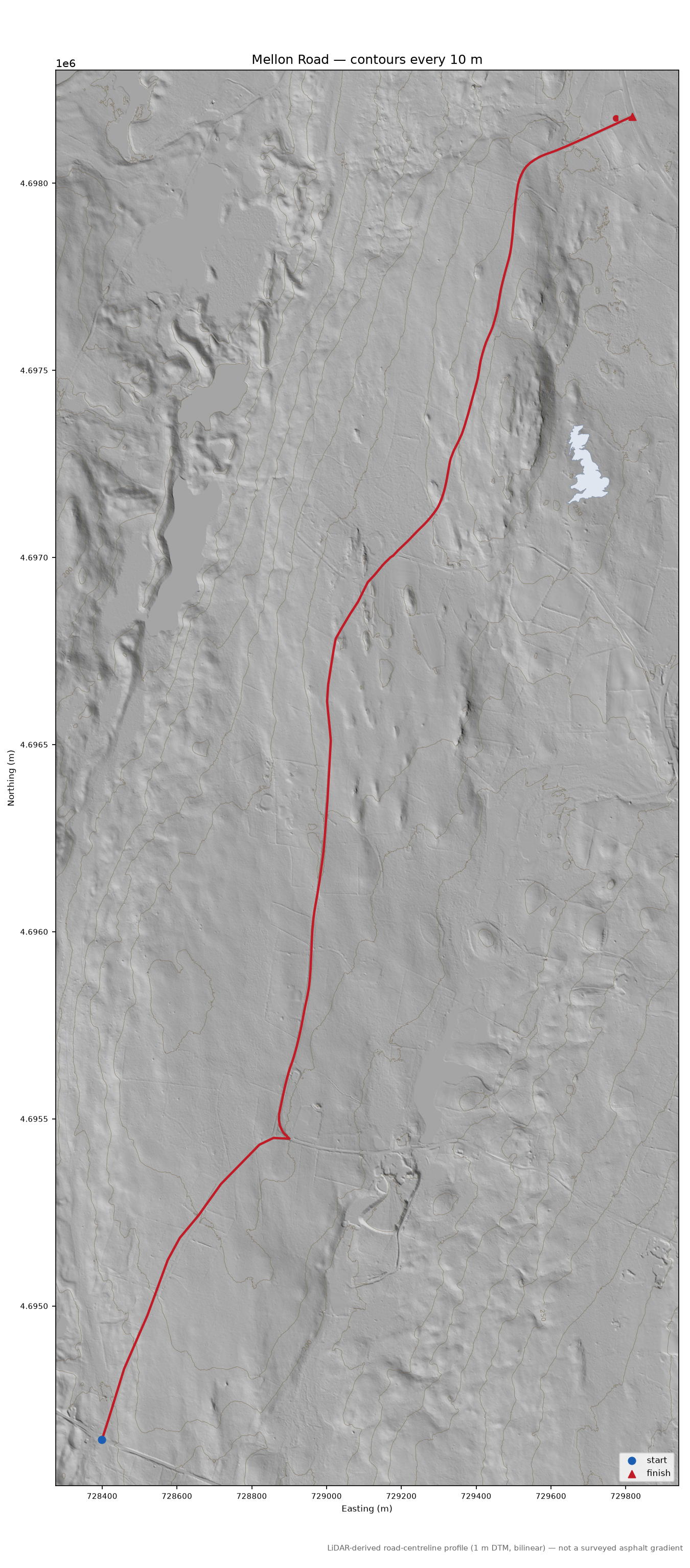 Mellon Road LiDAR hillshade map with contours
