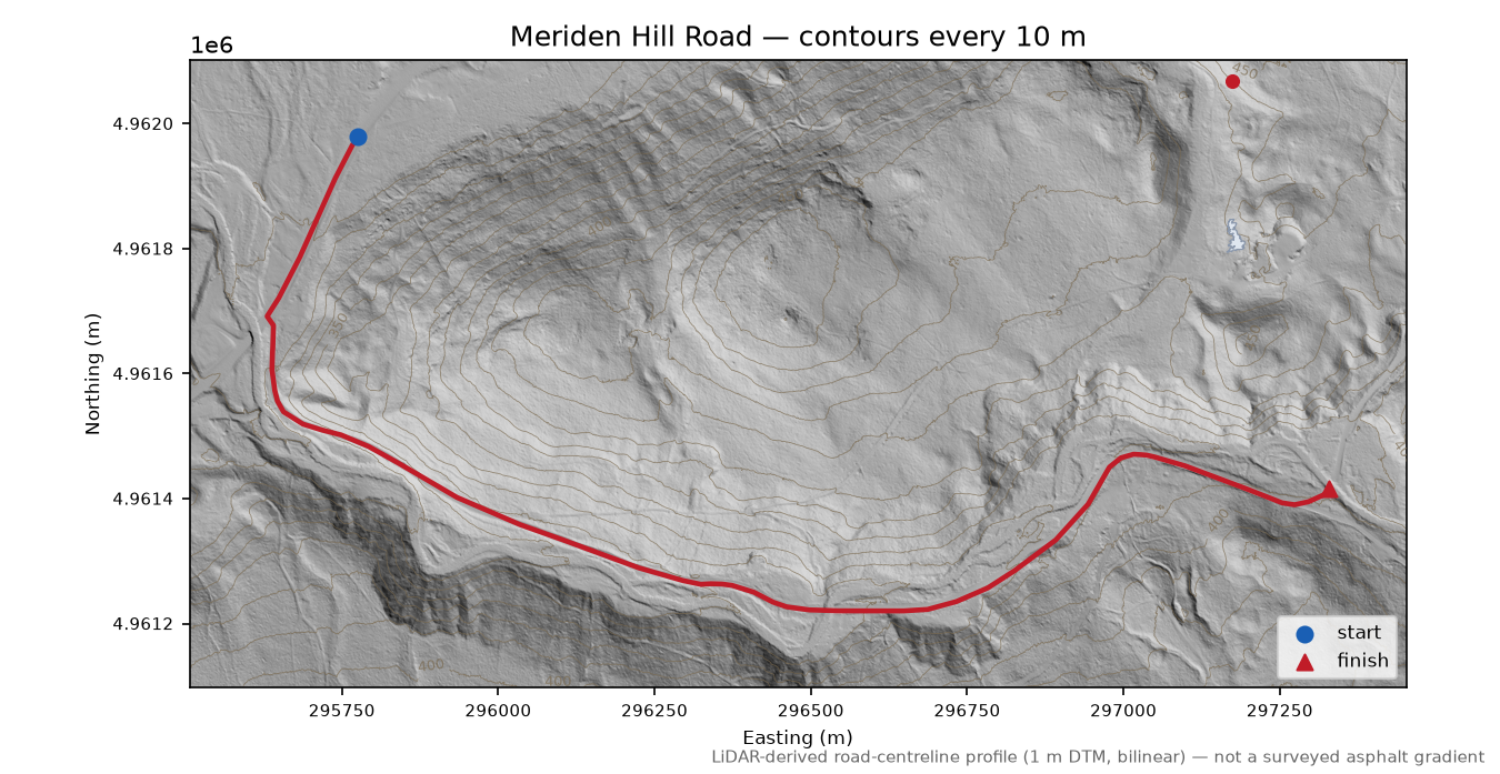 Meriden Hill Road LiDAR hillshade map with contours