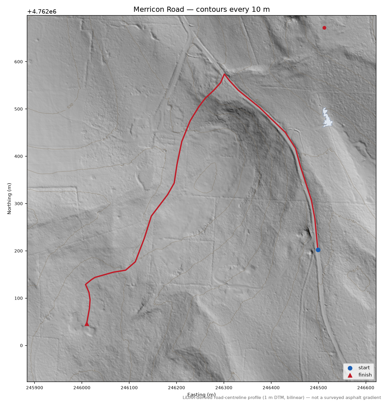 Merricon Road LiDAR hillshade map with contours