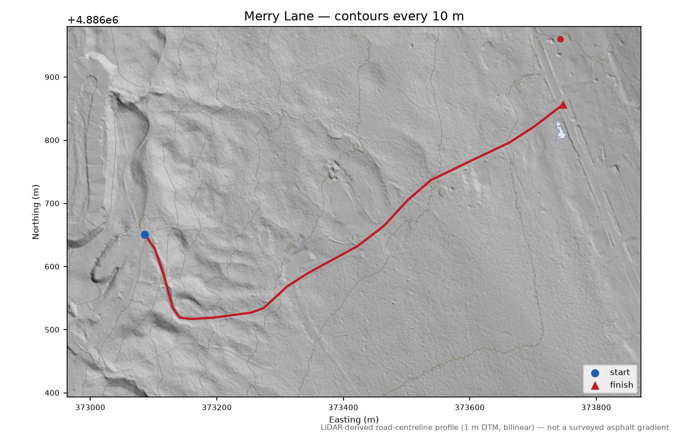 Merry Lane LiDAR hillshade map with contours