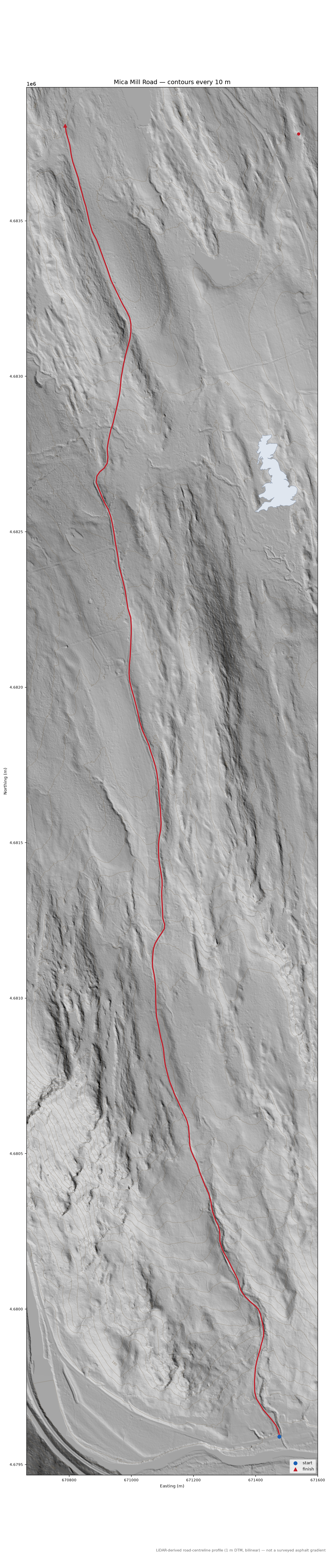 Mica Mill Road LiDAR hillshade map with contours