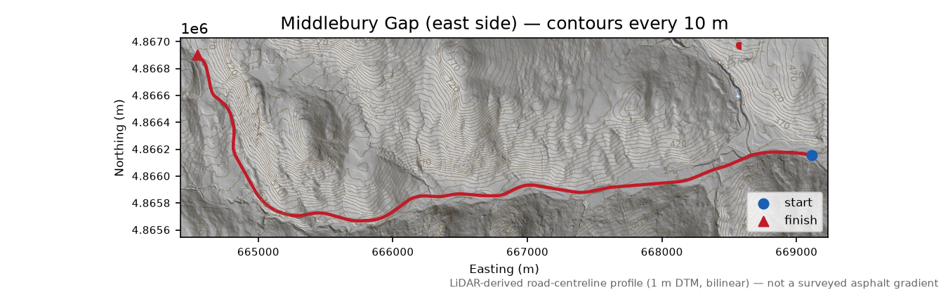 Middlebury Gap (east side) LiDAR hillshade map with contours