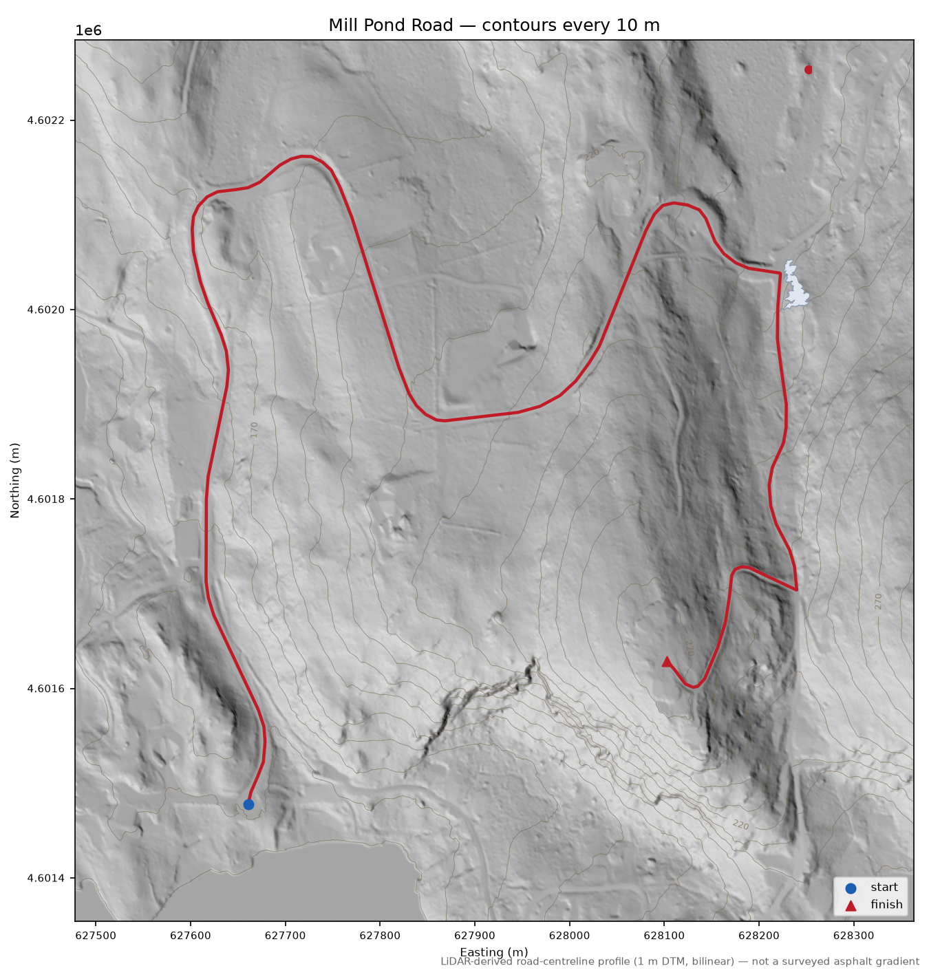 Mill Pond Road LiDAR hillshade map with contours