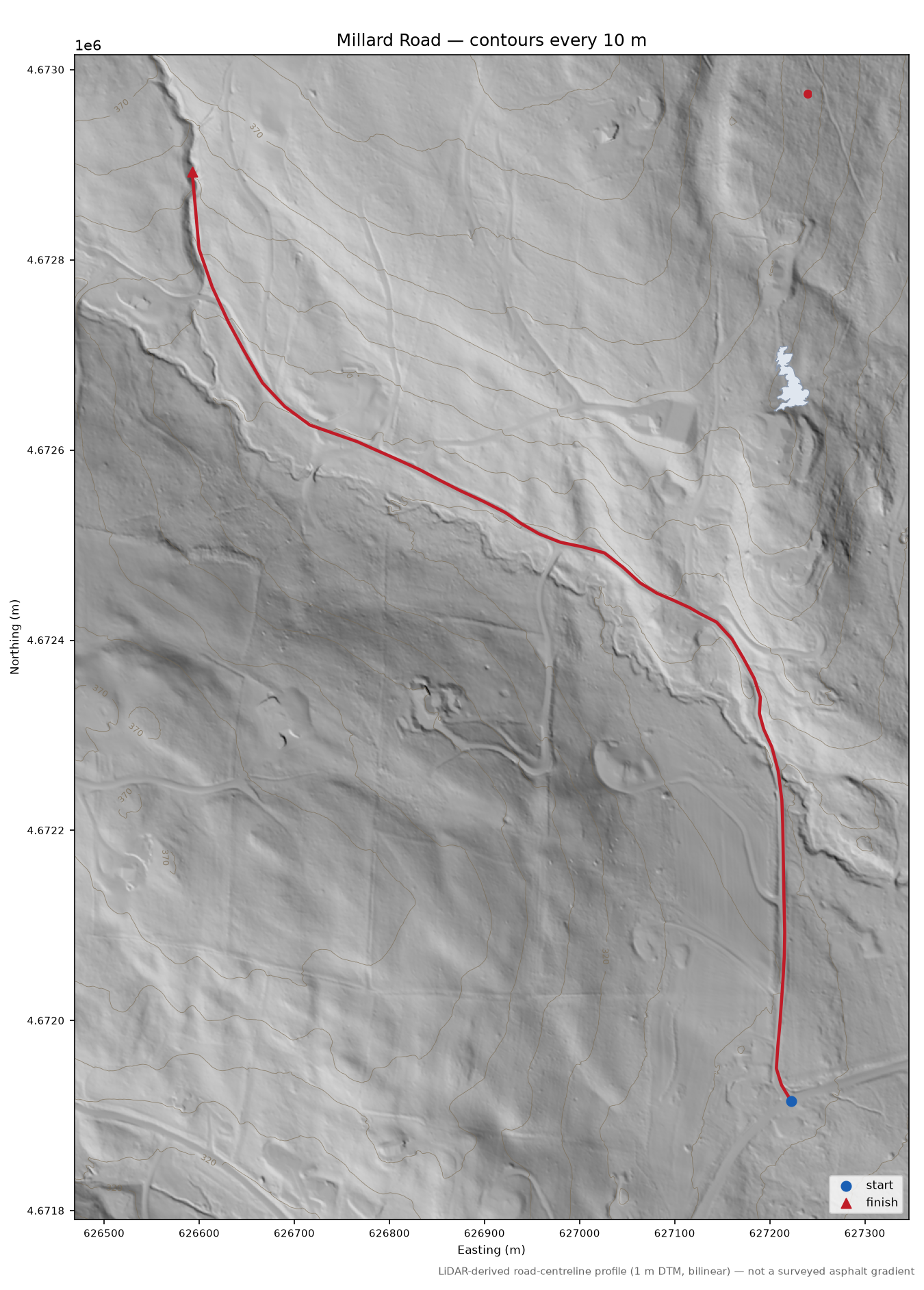 Millard Road LiDAR hillshade map with contours