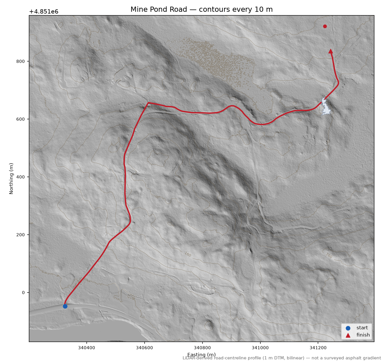 Mine Pond Road LiDAR hillshade map with contours