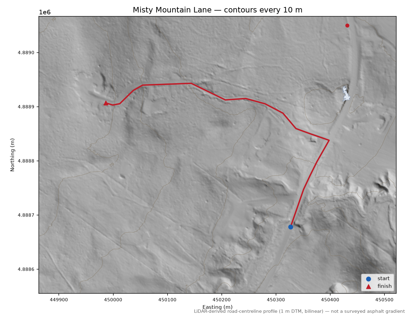 Misty Mountain Lane LiDAR hillshade map with contours