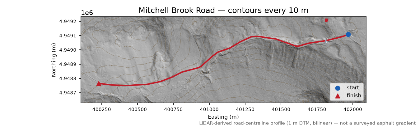 Mitchell Brook Road LiDAR hillshade map with contours