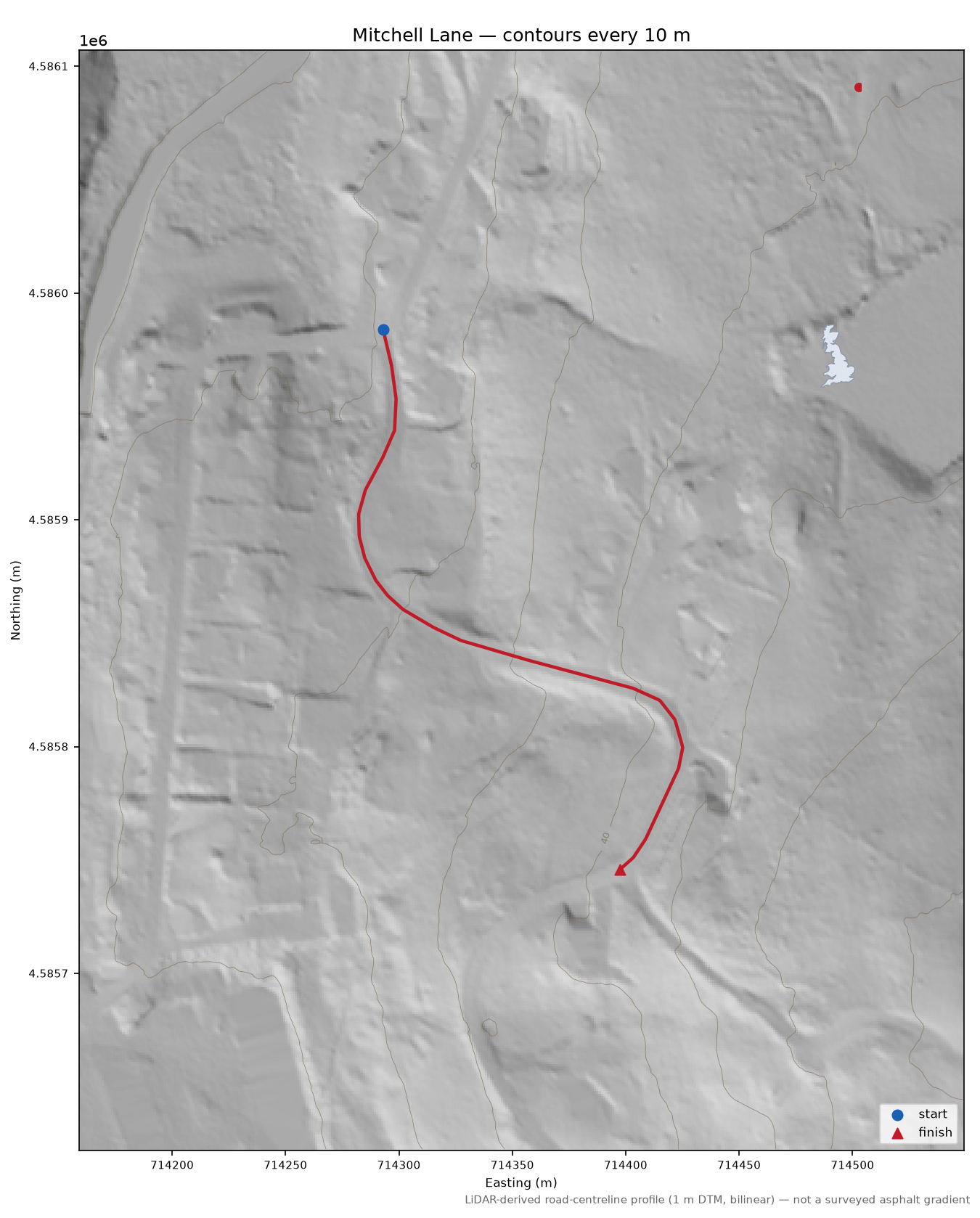 Mitchell Lane LiDAR hillshade map with contours
