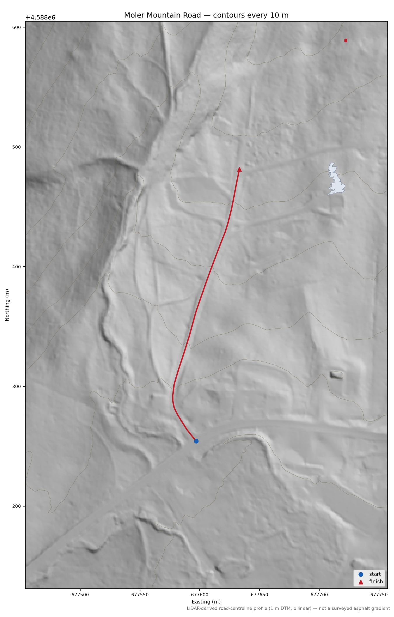 Moler Mountain Road LiDAR hillshade map with contours