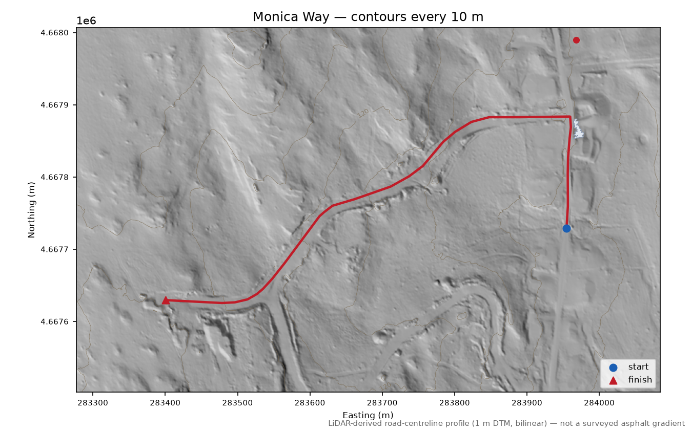 Monica Way LiDAR hillshade map with contours