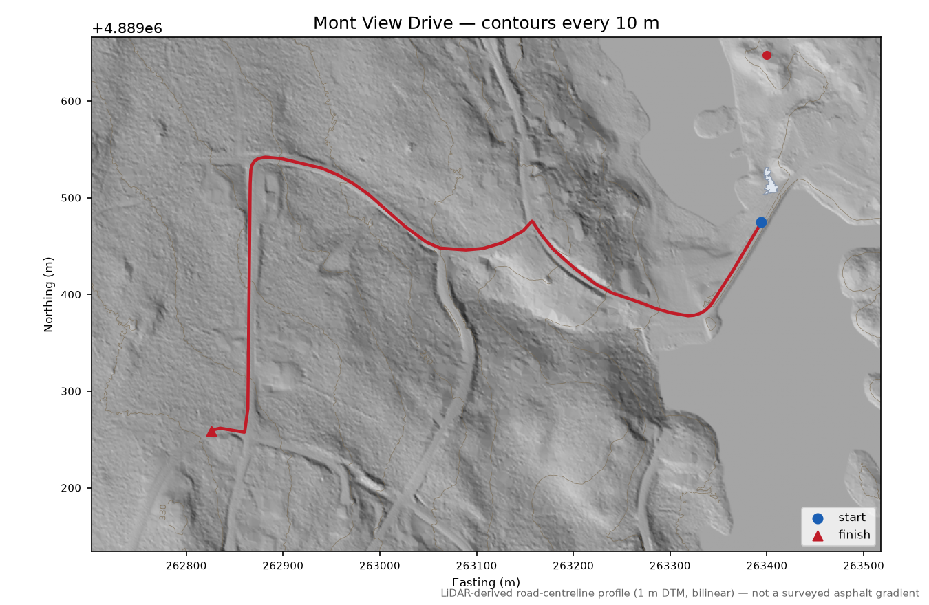 Mont View Drive LiDAR hillshade map with contours