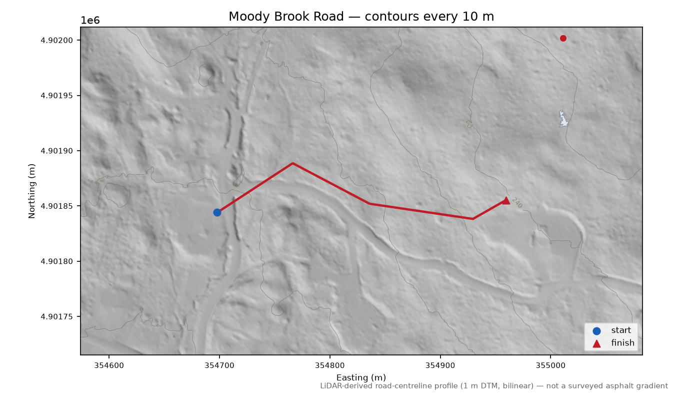 Moody Brook Road LiDAR hillshade map with contours