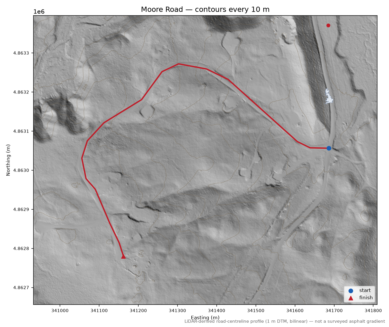 Moore Road LiDAR hillshade map with contours