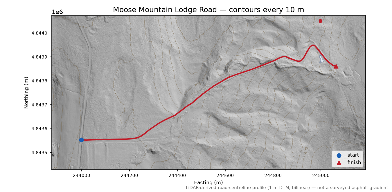 Moose Mountain Lodge Road LiDAR hillshade map with contours