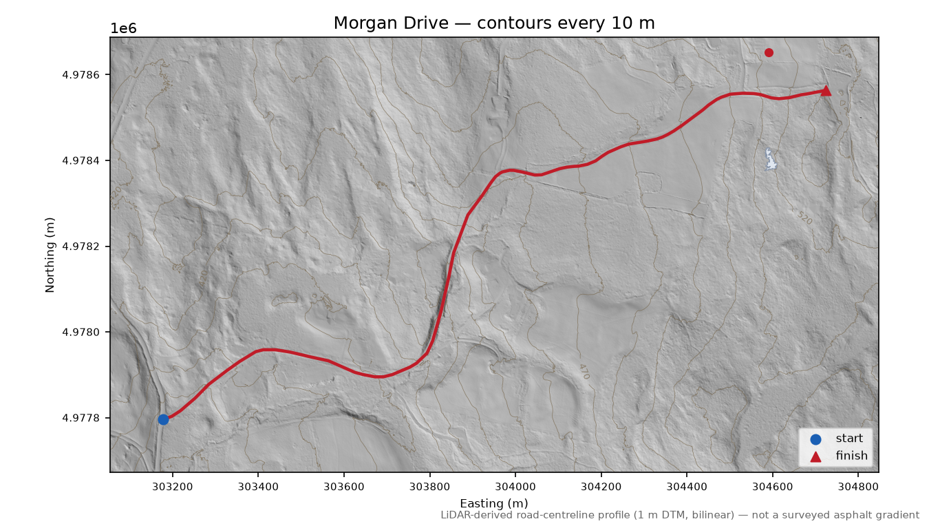 Morgan Drive LiDAR hillshade map with contours